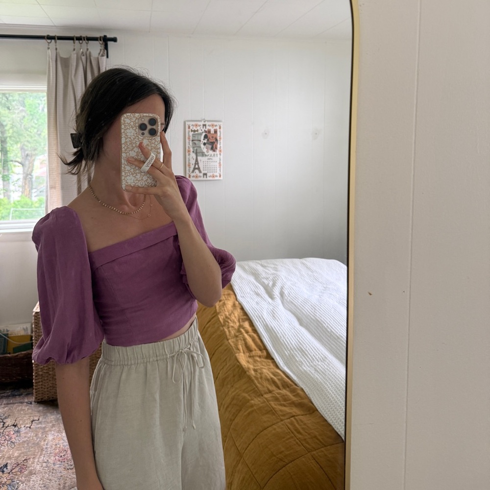 Abercrombie & Fitch Linen Blend Puff Sleeve Purple Crop Top